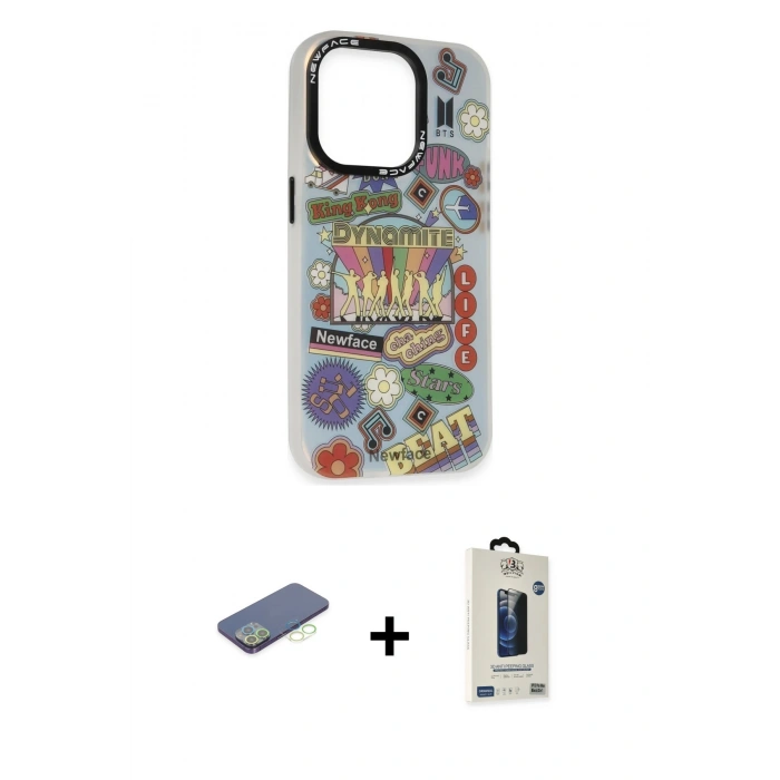 MARSİLYAN™- iPhone 13 Pro Max Kılıf Siluet Çizgi Koleksiyonu - Siyah Bilvis Hayalet Cam Ekran Koruyucu + Renkli Kamera Lens Koruma Cam - YL