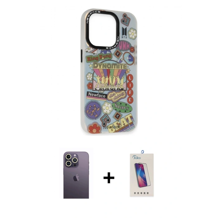 MARSİLYAN™- iPhone 13 Pro Max Kılıf Siluet Çizgi Koleksiyonu - Siyah Joko 5D Cam + Neon Fosforlu Kamera Lens - BZ