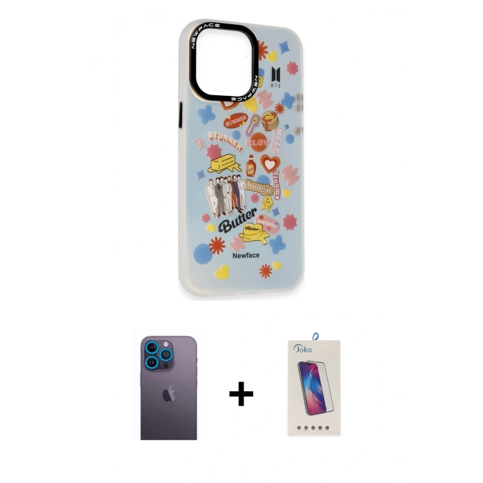 MARSİLYAN™- iPhone 13 Pro Max Kılıf Siluet Çizgi Koleksiyonu - Siyah Joko 5D Cam + Neon Fosforlu Kamera Lens - MI