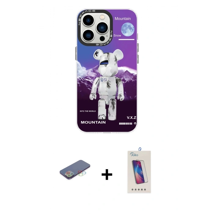 MARSİLYAN™- iPhone 13 Pro Max Kılıf Siluet Çizgi Koleksiyonu - Siyah Joko 5D Cam + Mavi Renkli Kamera Lens Koruma Cam