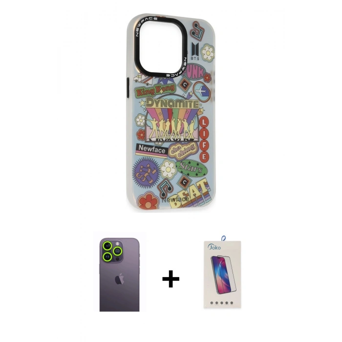 MARSİLYAN™- iPhone 13 Pro Max Kılıf Siluet Çizgi Koleksiyonu - Siyah Joko 5D Cam + Neon Fosforlu Kamera Lens - YL