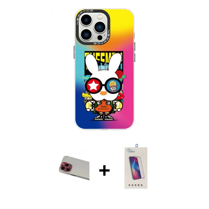 MARSİLYAN™- iPhone 13 Pro Max Kılıf Siluet Çizgi Koleksiyonu - Siyah Joko 5D Cam + Rainbow Kamera Lens Koruma Cam - KI