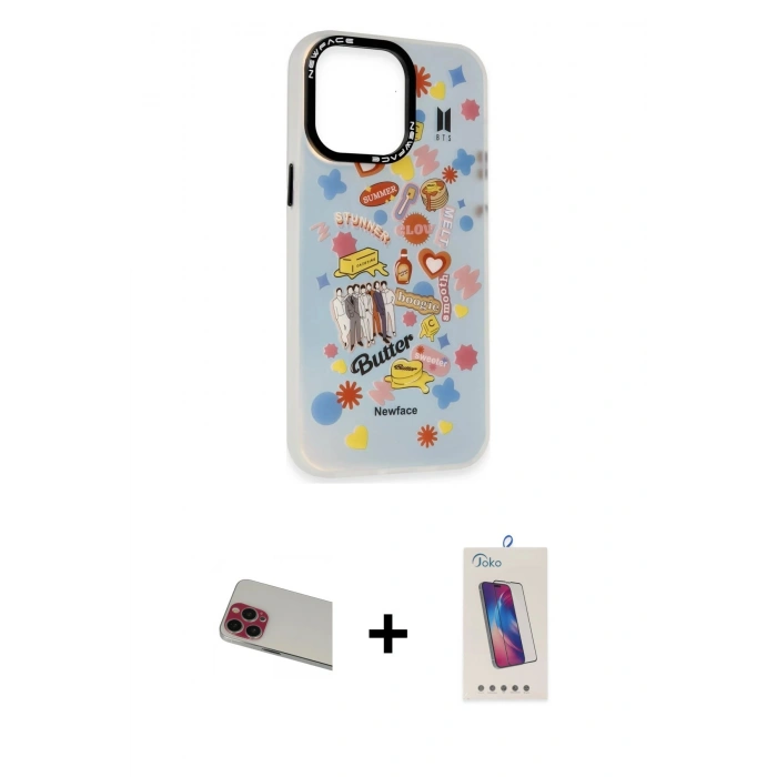 MARSİLYAN™- iPhone 13 Pro Max Kılıf Siluet Çizgi Koleksiyonu - Siyah Joko 5D Cam + Rainbow Kamera Lens Koruma Cam - KI