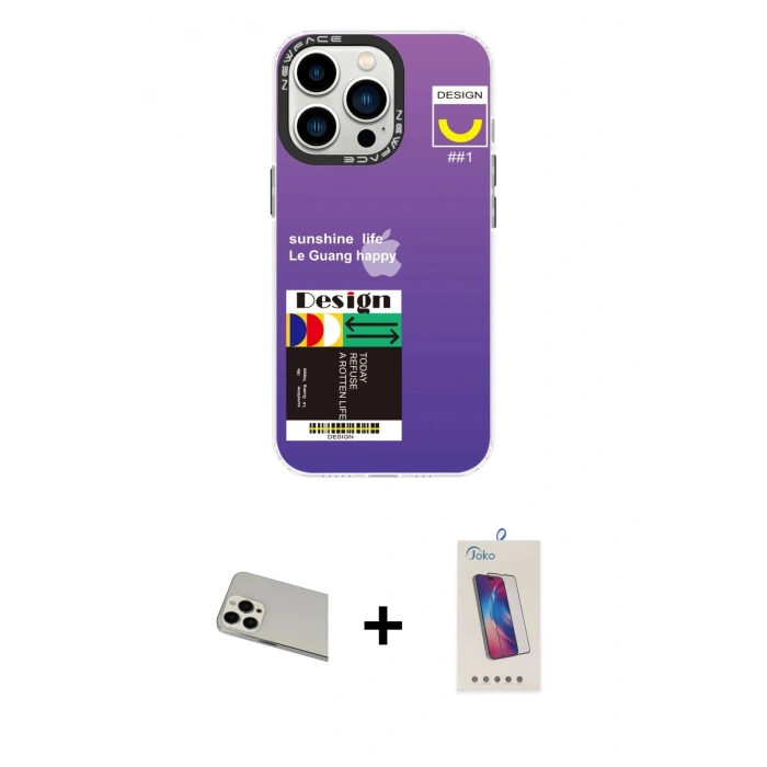 MARSİLYAN™- iPhone 13 Pro Max Kılıf Siluet Çizgi Koleksiyonu - Siyah Joko 5D Cam + Rainbow Kamera Lens Koruma Cam - BZ