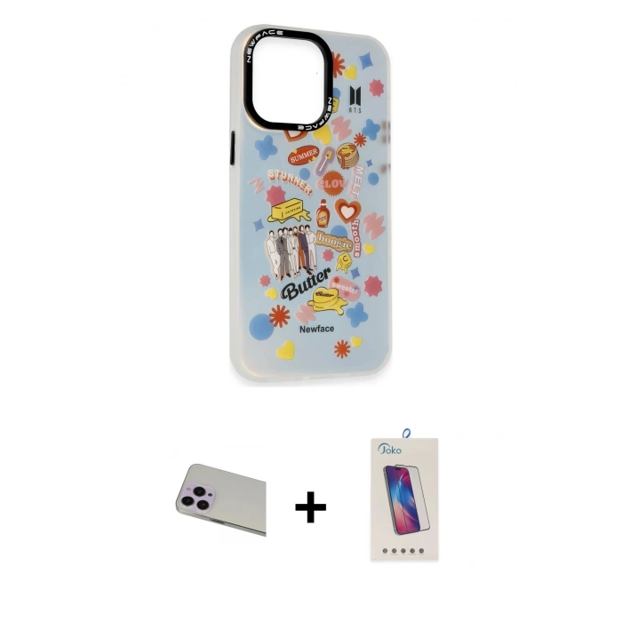 MARSİLYAN™- iPhone 13 Pro Max Kılıf Siluet Çizgi Koleksiyonu - Siyah Joko 5D Cam + Rainbow Kamera Lens Koruma Cam - MR