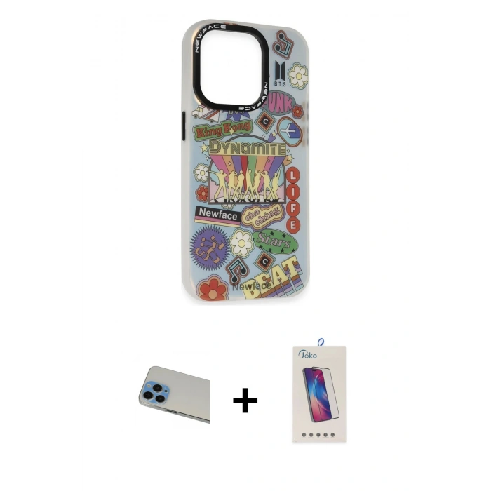 MARSİLYAN™- iPhone 13 Pro Max Kılıf Siluet Çizgi Koleksiyonu - Siyah Joko 5D Cam + Rainbow Kamera Lens Koruma Cam - MI