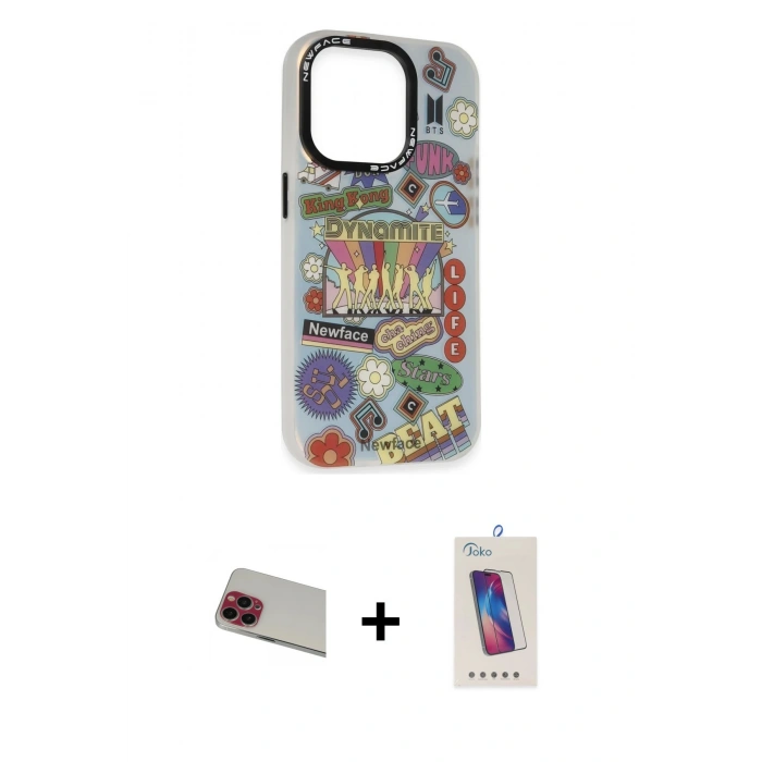 MARSİLYAN™- iPhone 13 Pro Max Kılıf Siluet Çizgi Koleksiyonu - Siyah Joko 5D Cam + Rainbow Kamera Lens Koruma Cam - KI