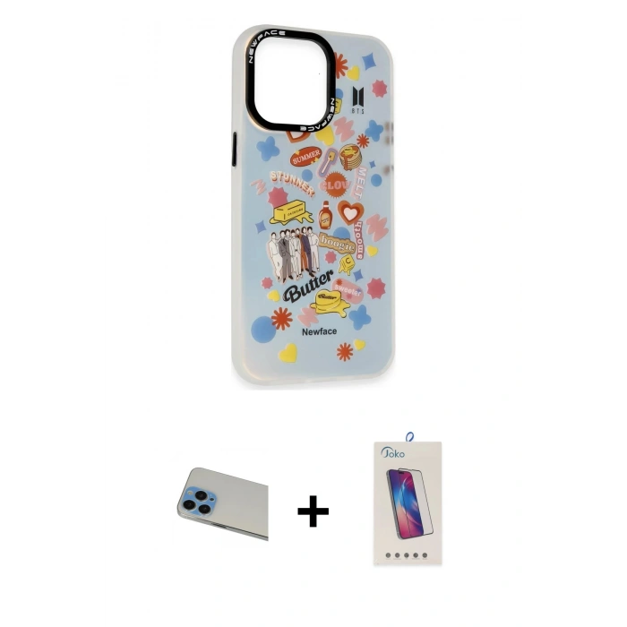 MARSİLYAN™- iPhone 13 Pro Max Kılıf Siluet Çizgi Koleksiyonu - Siyah Joko 5D Cam + Rainbow Kamera Lens Koruma Cam - MI