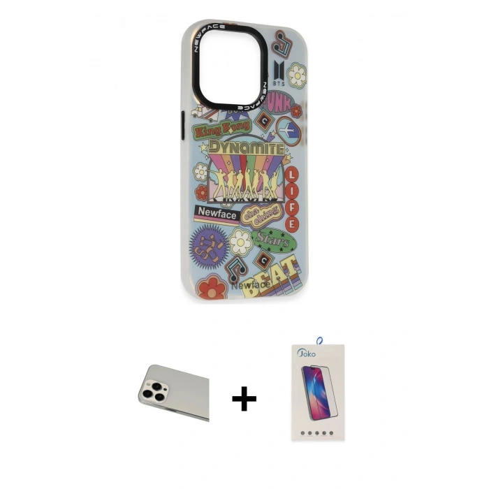 MARSİLYAN™- iPhone 13 Pro Max Kılıf Siluet Çizgi Koleksiyonu - Siyah Joko 5D Cam + Rainbow Kamera Lens Koruma Cam - BZ