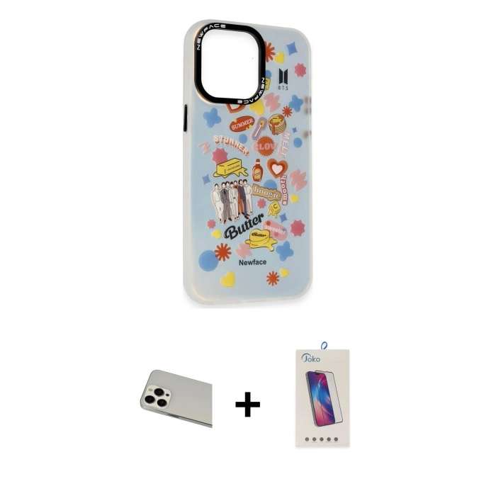 MARSİLYAN™- iPhone 13 Pro Max Kılıf Siluet Çizgi Koleksiyonu - Siyah Joko 5D Cam + Rainbow Kamera Lens Koruma Cam - BZ