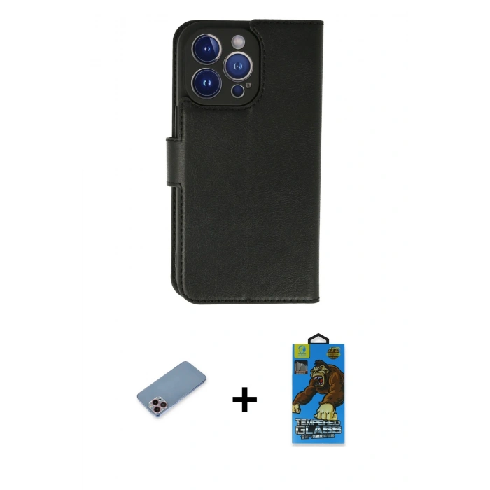MARSİLYAN™- iPhone 13 Pro Max Kılıf Siluet Işık Serisi - Siyah 18D Cam Ekran Koruyucu + Shine Kamera Lens Koruma Cam - PE