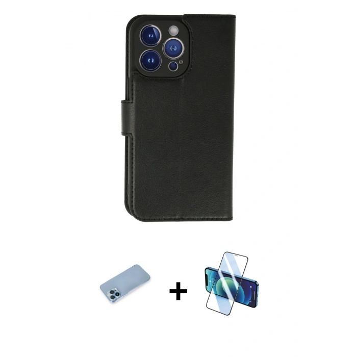 MARSİLYAN™- iPhone 13 Pro Max Kılıf Siluet Işık Serisi - Siyah 3D Antistatik Cam Ekran Koruyucu + Shine Kamera Lens Koruma Cam - MI
