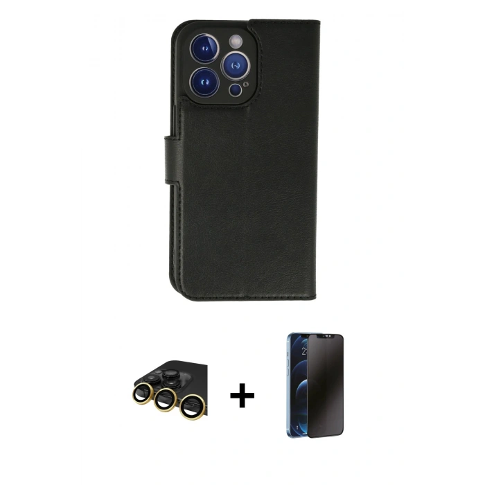 MARSİLYAN™- iPhone 13 Pro Max Kılıf Siluet Işık Serisi - Siyah 3D Antistatik Hayalet Cam Ekran Koruyucu + Raze Metal Kamera Lens - GD