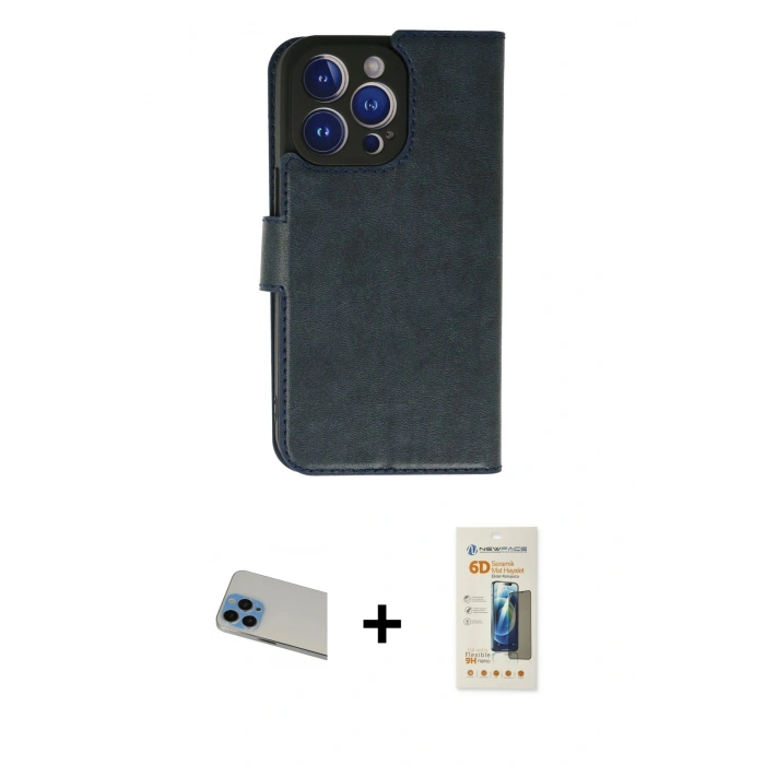 MARSİLYAN™- iPhone 13 Pro Max Kılıf Siluet Işık Serisi - Siyah 6D Mat Seramik Hayalet Nano Ekran Koruyucu + Mavi Rainbow Kamera Lens Koruma Cam