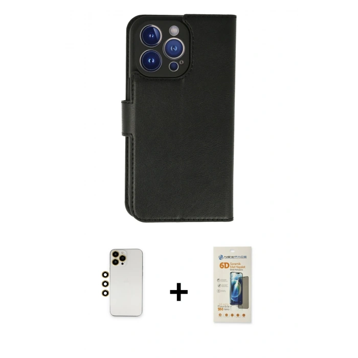 MARSİLYAN™- iPhone 13 Pro Max Kılıf Siluet Işık Serisi - Siyah 6D Mat Seramik Hayalet Nano Ekran Koruyucu + Gold Shine Kamera Lens