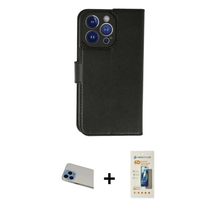 MARSİLYAN™- iPhone 13 Pro Max Kılıf Siluet Işık Serisi - Siyah 6D Mat Seramik Hayalet Nano Ekran Koruyucu + Mavi Rainbow Kamera Lens Koruma Cam