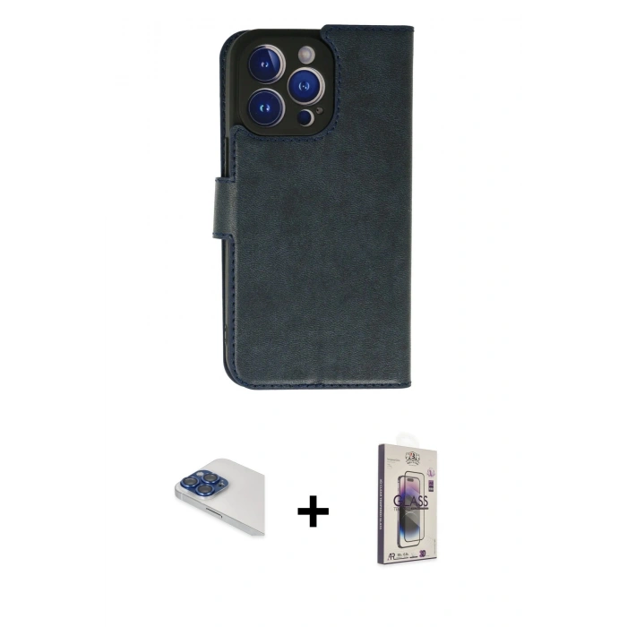 MARSİLYAN™- iPhone 13 Pro Max Kılıf Siluet Işık Serisi - Siyah Bilvis 3D Cam Ekran Koruyucu + Lacivert Pers Alüminyum Kamera Lens