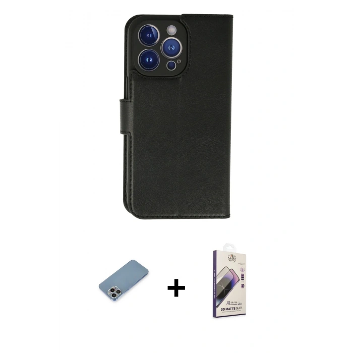 MARSİLYAN™- iPhone 13 Pro Max Kılıf Siluet Işık Serisi - Siyah Bilvis 3D Mat Cam Ekran Koruyucu + Shine Kamera Lens Koruma Cam - GI