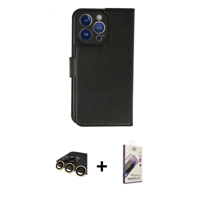 MARSİLYAN™- iPhone 13 Pro Max Kılıf Siluet Işık Serisi - Siyah Bilvis 3D Mat Cam Ekran Koruyucu + Gold Raze Metal Kamera Lens
