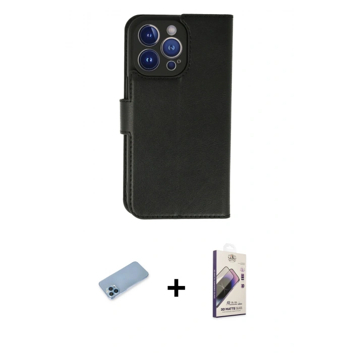 MARSİLYAN™- iPhone 13 Pro Max Kılıf Siluet Işık Serisi - Siyah Bilvis 3D Mat Cam Ekran Koruyucu + Mavi Shine Kamera Lens Koruma Cam