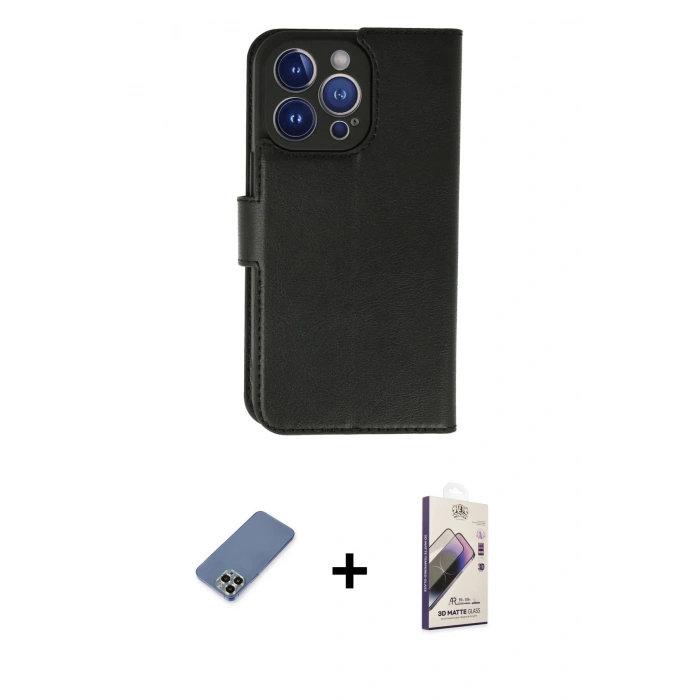 MARSİLYAN™- iPhone 13 Pro Max Kılıf Siluet Işık Serisi - Siyah Bilvis 3D Mat Cam Ekran Koruyucu + Metal Kamera Lens Koruma Cam - AKYL