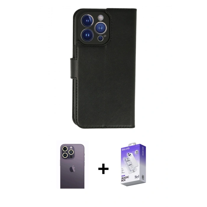 MARSİLYAN™- iPhone 13 Pro Max Kılıf Siluet Işık Serisi - Siyah Bilvis 5in1 3D Magic Cam Ekran Koruyucu + Beyaz Neon Fosforlu Kamera Lens