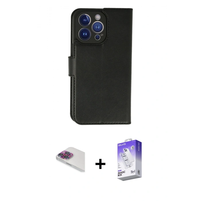 MARSİLYAN™- iPhone 13 Pro Max Kılıf Siluet Işık Serisi - Siyah Bilvis 5in1 3D Magic Cam Ekran Koruyucu + Pers Alüminyum Kamera Lens - GI