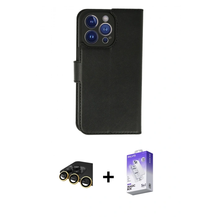 MARSİLYAN™- iPhone 13 Pro Max Kılıf Siluet Işık Serisi - Siyah Bilvis 5in1 3D Magic Cam Ekran Koruyucu + Raze Metal Kamera Lens - GD