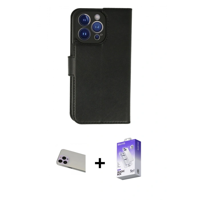 MARSİLYAN™- iPhone 13 Pro Max Kılıf Siluet Işık Serisi - Siyah Bilvis 5in1 3D Magic Cam Ekran Koruyucu + Rainbow Kamera Lens Koruma Cam - MR