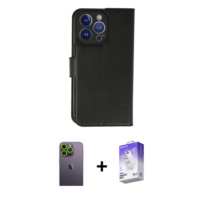 MARSİLYAN™- iPhone 13 Pro Max Kılıf Siluet Işık Serisi - Siyah Bilvis 5in1 3D Magic Cam Ekran Koruyucu + Neon Fosforlu Kamera Lens - YL