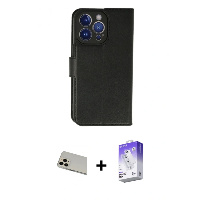 MARSİLYAN™- iPhone 13 Pro Max Kılıf Siluet Işık Serisi - Siyah Bilvis 5in1 3D Magic Cam Ekran Koruyucu + Rainbow Kamera Lens Koruma Cam - REGD