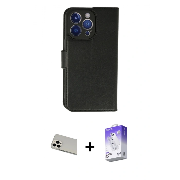 MARSİLYAN™- iPhone 13 Pro Max Kılıf Siluet Işık Serisi - Siyah Bilvis 5in1 3D Magic Cam Ekran Koruyucu + Rainbow Kamera Lens Koruma Cam - BZ