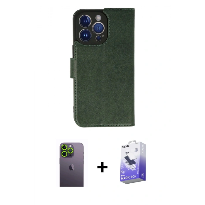 MARSİLYAN™- iPhone 13 Pro Max Kılıf Siluet Işık Serisi - Siyah Bilvis 5in1 5D Magic Hayalet Cam Ekran Koruyucu + Yeşil Neon Fosforlu Kamera Lens