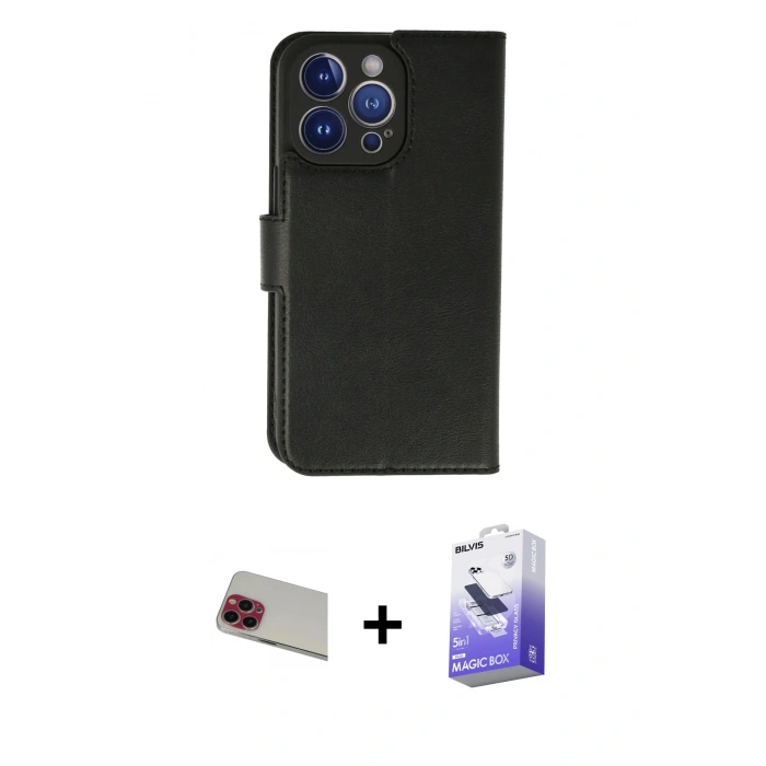MARSİLYAN™- iPhone 13 Pro Max Kılıf Siluet Işık Serisi - Siyah Bilvis 5in1 5D Magic Hayalet Cam Ekran Koruyucu + Rainbow Kamera Lens Koruma Cam - KI