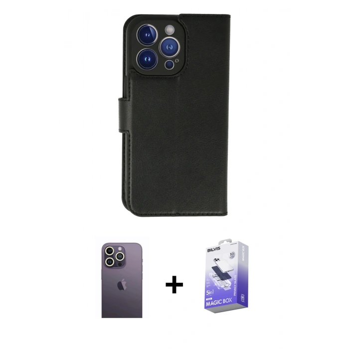 MARSİLYAN™- iPhone 13 Pro Max Kılıf Siluet Işık Serisi - Siyah Bilvis 5in1 5D Magic Hayalet Cam Ekran Koruyucu + Neon Fosforlu Kamera Lens - BZ