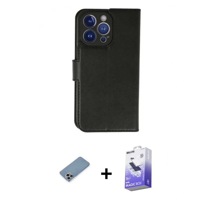 MARSİLYAN™- iPhone 13 Pro Max Kılıf Siluet Işık Serisi - Siyah Bilvis 5in1 5D Magic Hayalet Cam Ekran Koruyucu + Gökkuşağı Shine Kamera Lens Koruma Cam