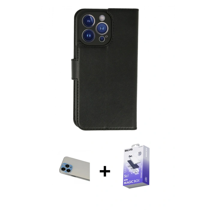 MARSİLYAN™- iPhone 13 Pro Max Kılıf Siluet Işık Serisi - Siyah Bilvis 5in1 5D Magic Hayalet Cam Ekran Koruyucu + Rainbow Kamera Lens Koruma Cam - MI