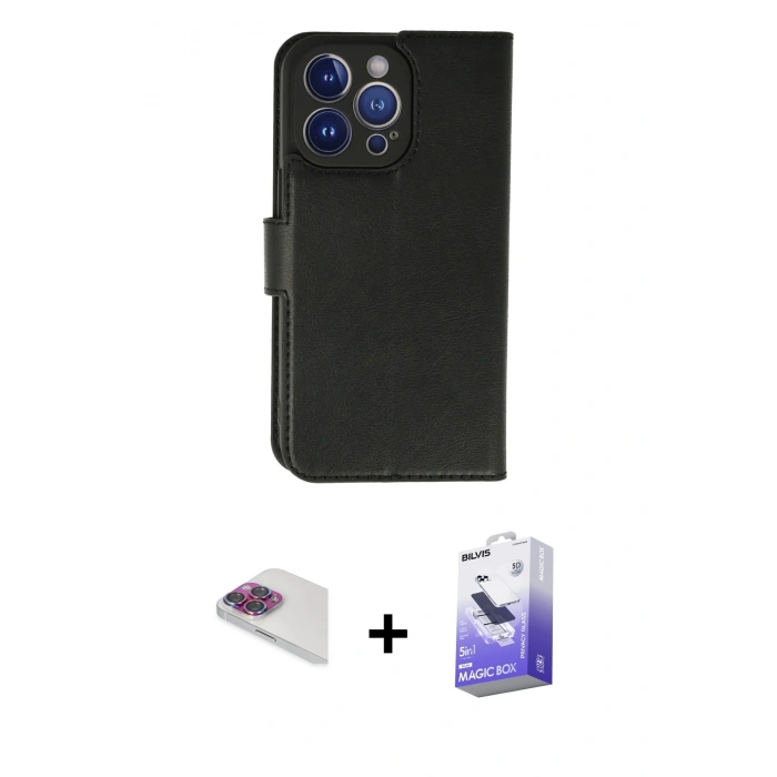 MARSİLYAN™- iPhone 13 Pro Max Kılıf Siluet Işık Serisi - Siyah Bilvis 5in1 5D Magic Hayalet Cam Ekran Koruyucu + Pers Alüminyum Kamera Lens - GI