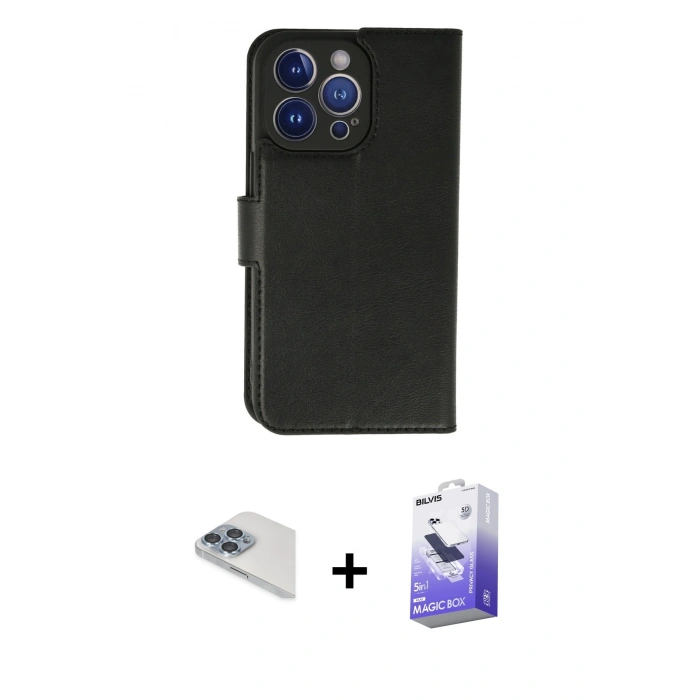 MARSİLYAN™- iPhone 13 Pro Max Kılıf Siluet Işık Serisi - Siyah Bilvis 5in1 5D Magic Hayalet Cam Ekran Koruyucu + Pers Alüminyum Kamera Lens - SABE