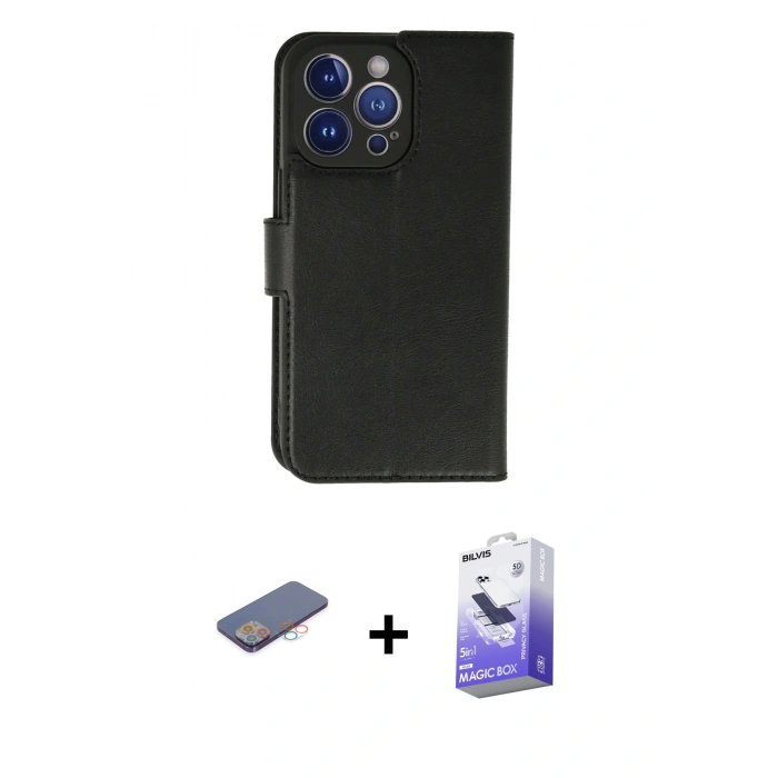 MARSİLYAN™- iPhone 13 Pro Max Kılıf Siluet Işık Serisi - Siyah Bilvis 5in1 5D Magic Hayalet Cam Ekran Koruyucu + Renkli Kamera Lens Koruma Cam - PE