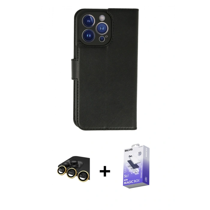 MARSİLYAN™- iPhone 13 Pro Max Kılıf Siluet Işık Serisi - Siyah Bilvis 5in1 5D Magic Hayalet Cam Ekran Koruyucu + Raze Metal Kamera Lens - GD
