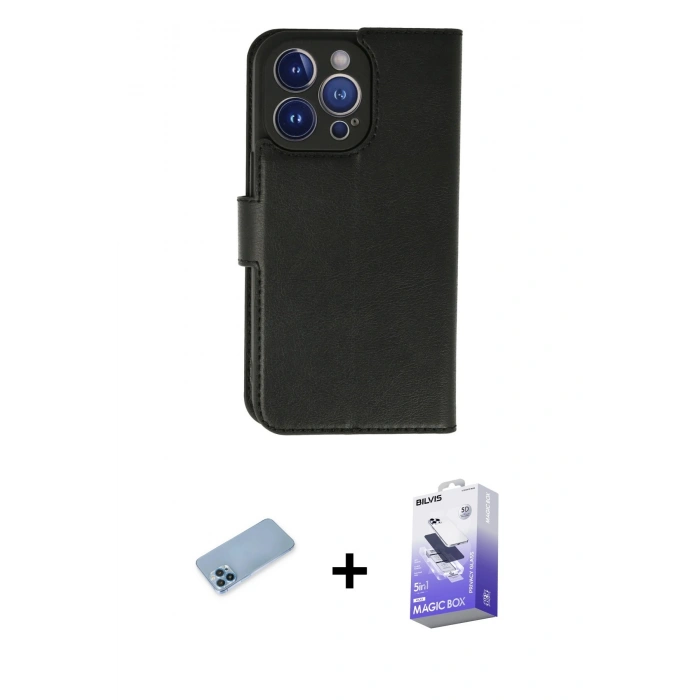 MARSİLYAN™- iPhone 13 Pro Max Kılıf Siluet Işık Serisi - Siyah Bilvis 5in1 5D Magic Hayalet Cam Ekran Koruyucu + Shine Kamera Lens Koruma Cam - MI