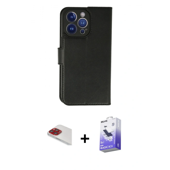 MARSİLYAN™- iPhone 13 Pro Max Kılıf Siluet Işık Serisi - Siyah Bilvis 5in1 5D Magic Hayalet Cam Ekran Koruyucu + Pers Alüminyum Kamera Lens - KI