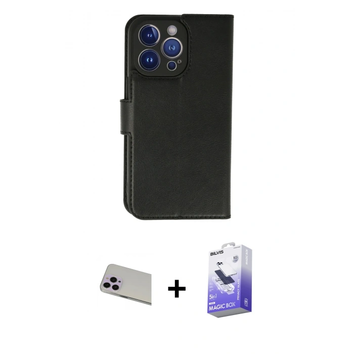MARSİLYAN™- iPhone 13 Pro Max Kılıf Siluet Işık Serisi - Siyah Bilvis 5in1 5D Magic Hayalet Cam Ekran Koruyucu + Rainbow Kamera Lens Koruma Cam - MR