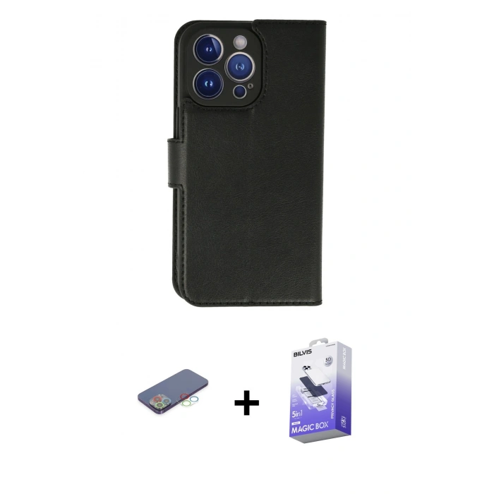 MARSİLYAN™- iPhone 13 Pro Max Kılıf Siluet Işık Serisi - Siyah Bilvis 5in1 5D Magic Hayalet Cam Ekran Koruyucu + Mavi Renkli Kamera Lens Koruma Cam