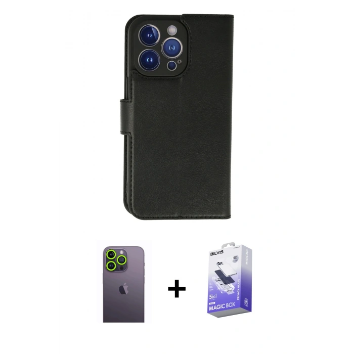 MARSİLYAN™- iPhone 13 Pro Max Kılıf Siluet Işık Serisi - Siyah Bilvis 5in1 5D Magic Hayalet Cam Ekran Koruyucu + Yeşil Neon Fosforlu Kamera Lens