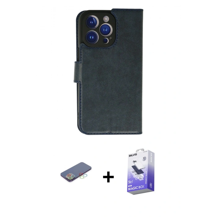 MARSİLYAN™- iPhone 13 Pro Max Kılıf Siluet Işık Serisi - Siyah Bilvis 5in1 5D Magic Hayalet Cam Ekran Koruyucu + Mavi Renkli Kamera Lens Koruma Cam
