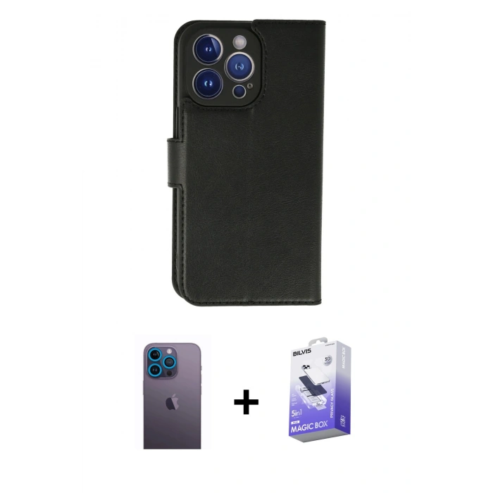 MARSİLYAN™- iPhone 13 Pro Max Kılıf Siluet Işık Serisi - Siyah Bilvis 5in1 5D Magic Hayalet Cam Ekran Koruyucu + Neon Fosforlu Kamera Lens - MI
