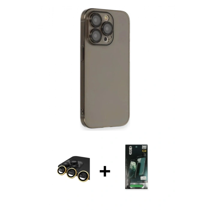 MARSİLYAN™- iPhone 13 Pro Max Kılıf Siluet Minimal Özel Seri - Şeffaf 360 Full Body Arka Koruyucu + Gold Raze Metal Kamera Lens