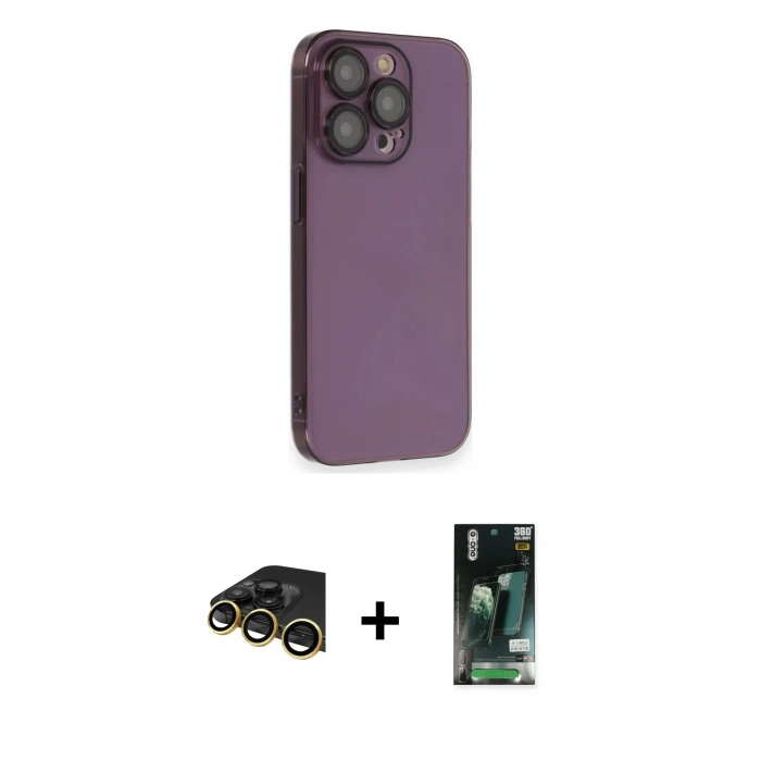 MARSİLYAN™- iPhone 13 Pro Max Kılıf Siluet Minimal Özel Seri - Şeffaf 360 Full Body Arka Koruyucu + Gold Raze Metal Kamera Lens